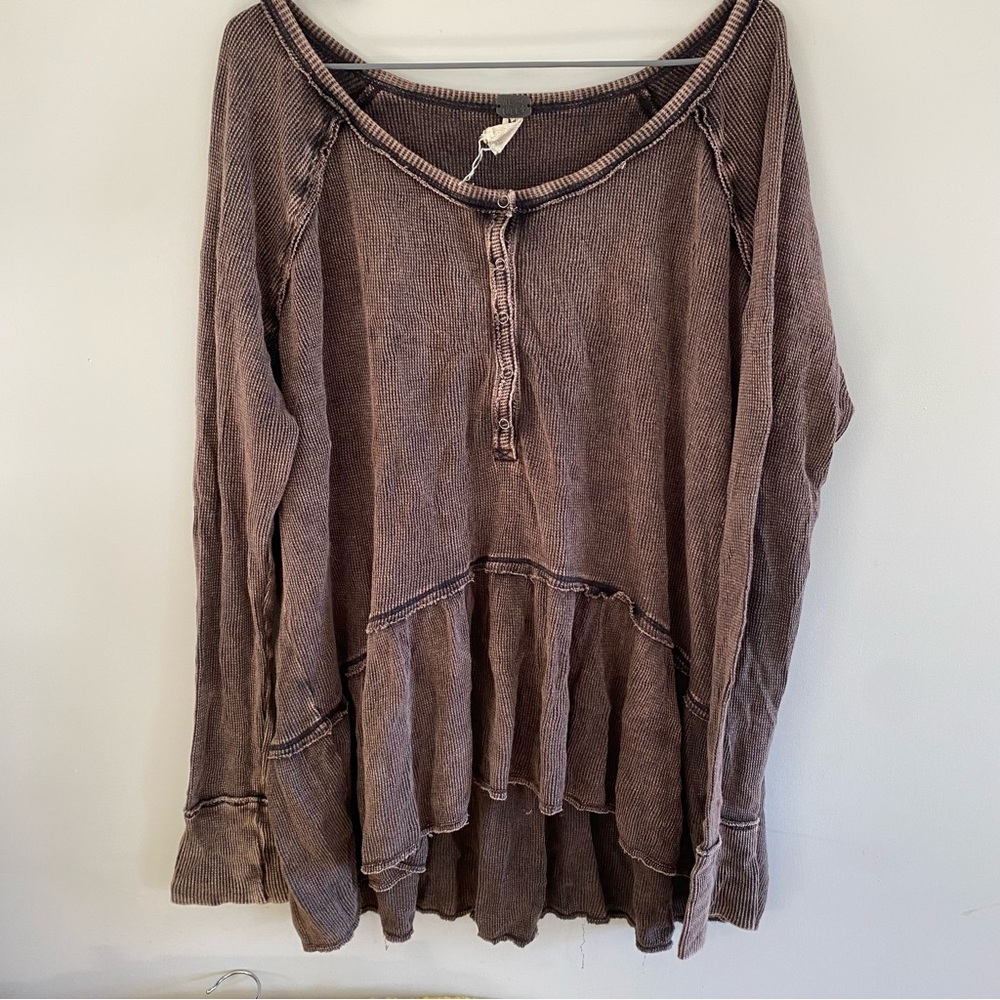Free People Brown Washed Long Sleeve Ruffle Hem Tee